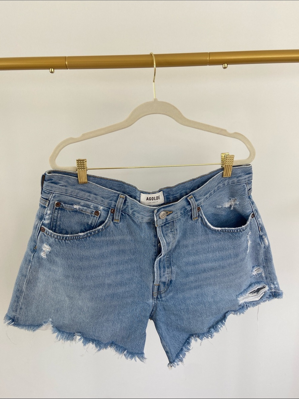 Agolde Light Wash Frayed Hem Denim Shorts